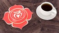 ÃÂ¡up of coffee on a wooden table. Morning Chakra Meditation. Muladhara symbol 3d illustration